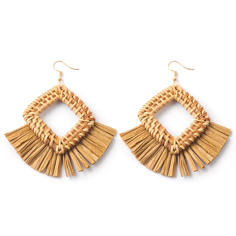 Handwoven Geometric Rattan Raffia Earrings Vintage Women