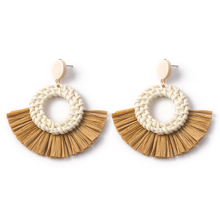 Handwoven Geometric Rattan Raffia Earrings Vintage Women