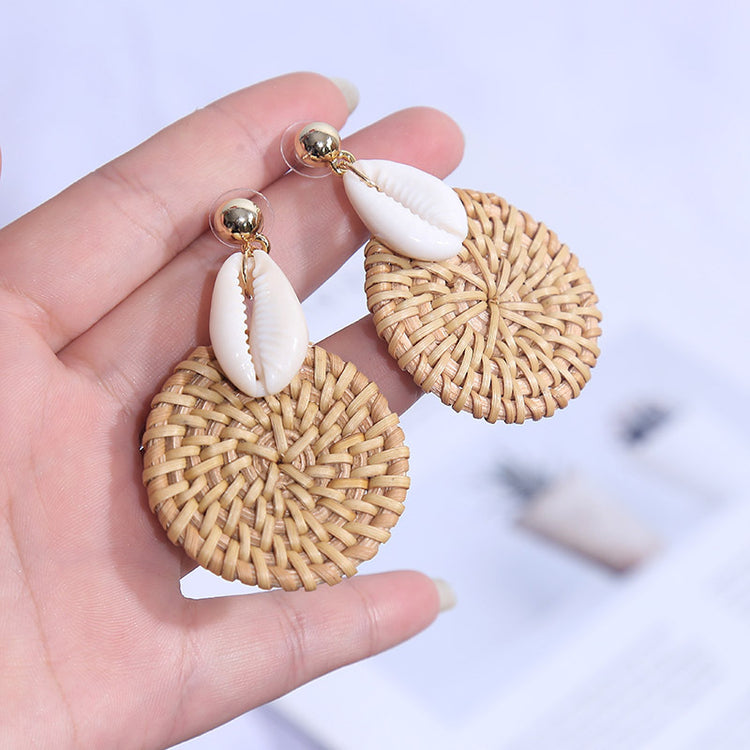 Handmade Geometric Shell Rattan Woven European And American Earrings Women's Simple Round Net Red Korean Earrings Jewelry On Behalf Of