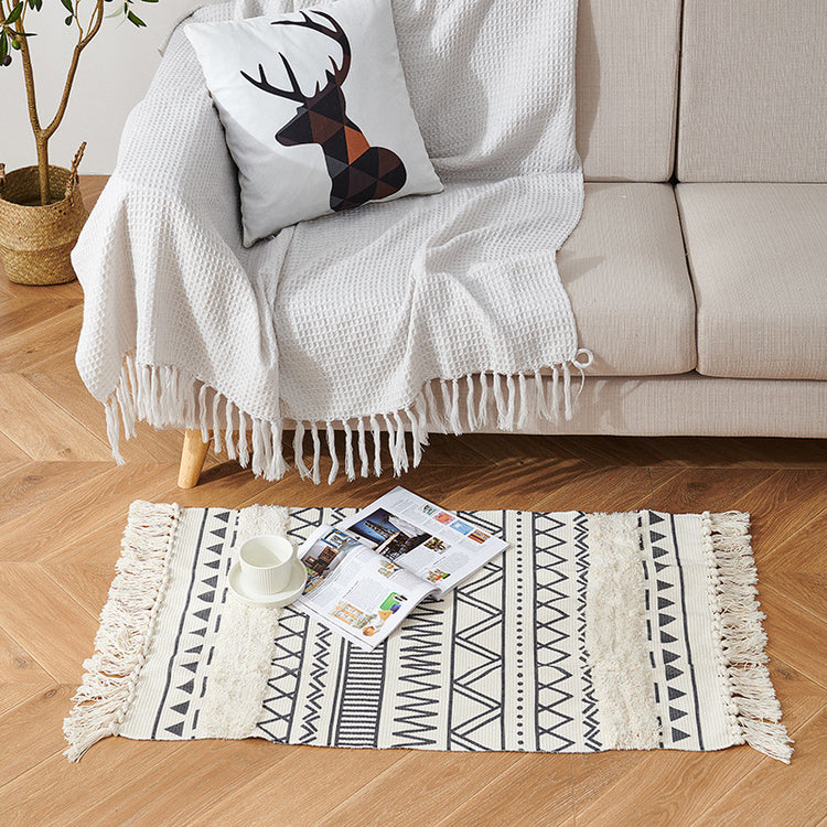 Vintage Fringed Cotton And Linen Strip Rug