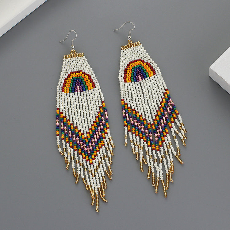 Tassel Earrings Rainbow Rice Beads Long Tassel Earrings