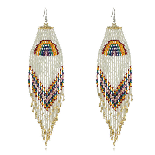 Tassel Earrings Rainbow Rice Beads Long Tassel Earrings