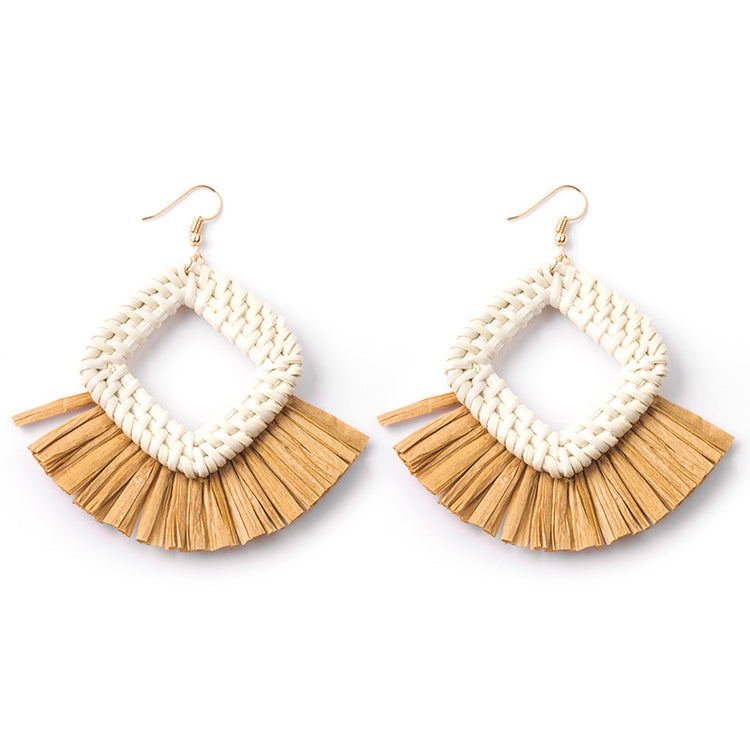 Handwoven Geometric Rattan Raffia Earrings Vintage Women