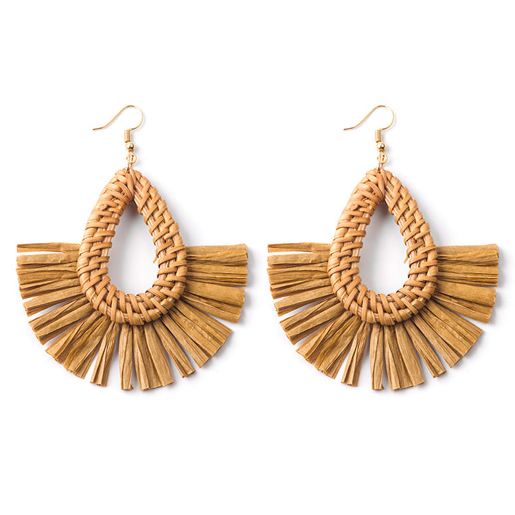 Handwoven Geometric Rattan Raffia Earrings Vintage Women