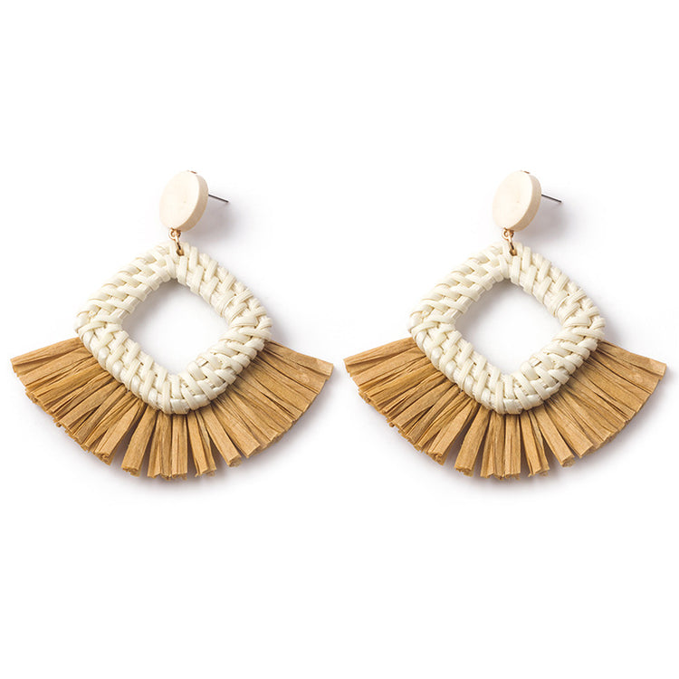 Handwoven Geometric Rattan Raffia Earrings Vintage Women