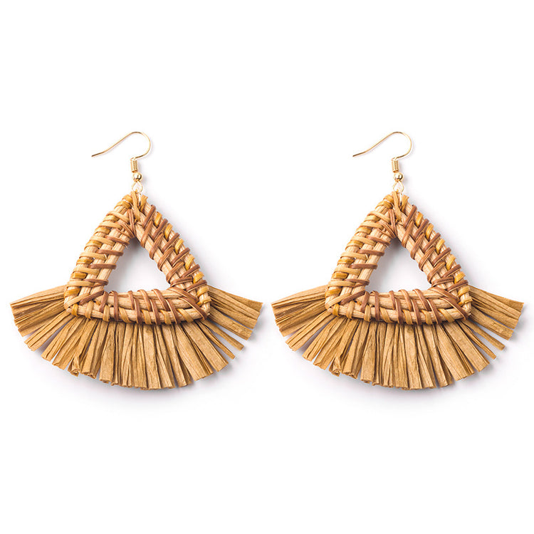 Handwoven Geometric Rattan Raffia Earrings Vintage Women