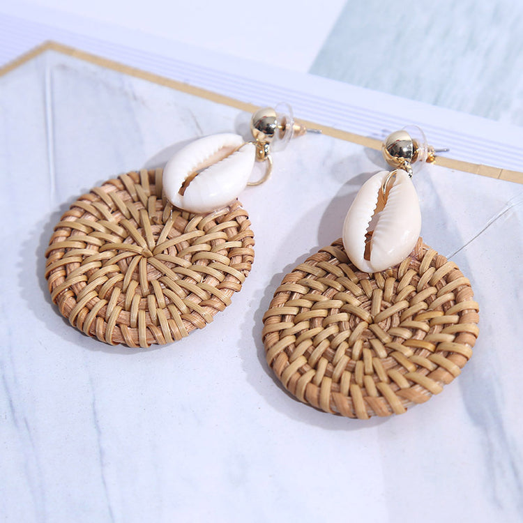 Handmade Geometric Shell Rattan Woven European And American Earrings Women's Simple Round Net Red Korean Earrings Jewelry On Behalf Of