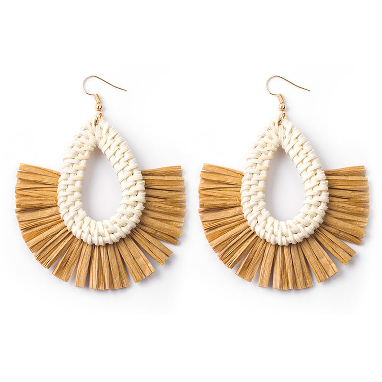 Handwoven Geometric Rattan Raffia Earrings Vintage Women