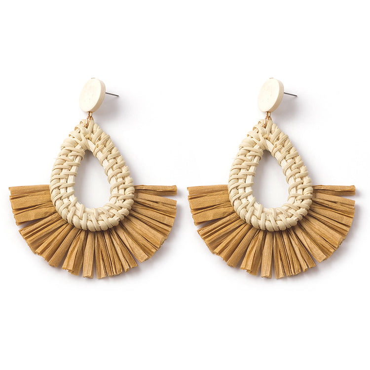 Handwoven Geometric Rattan Raffia Earrings Vintage Women