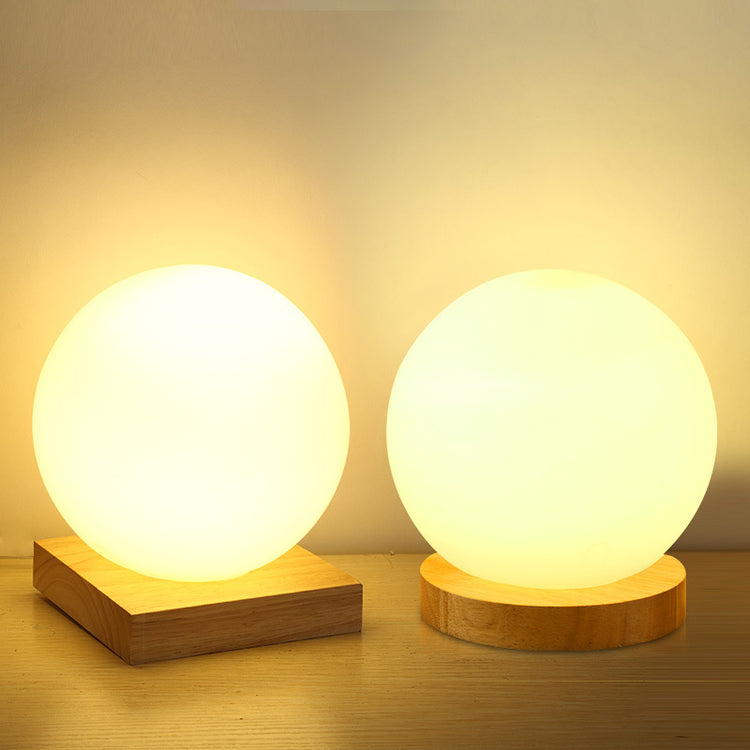 Milky White Glass Creative Dimming Ball Solid Wood Table Lamp